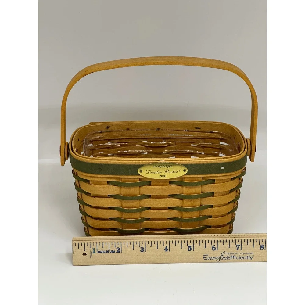 VTG Longaberger Dresden Basket 2001 Woven Wood Green Trim Small Handled Decor
